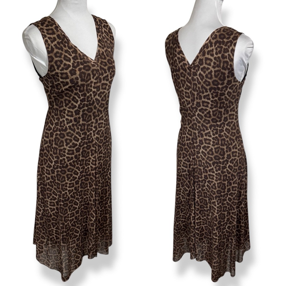 T Tahari Leopard Print Dress Size M V Neck Mesh Knit Sleeveless Flare Asymmetric - Picture 3 of 16